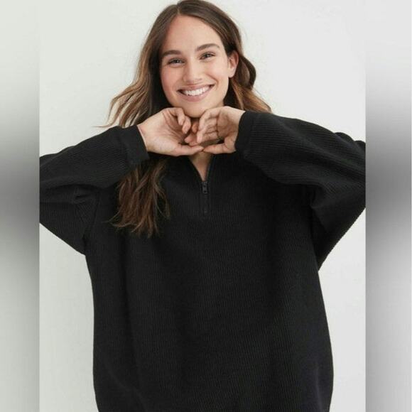 Aerie Black Ribbed Quarter Zip Sweatshirt Oversized Relaxed Fit Cozy Fall Size S - Picture 11 of 12